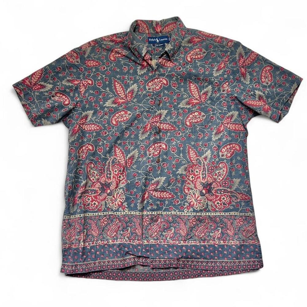 Polo Ralph Lauren 90s Red Floral Paisley Bob Camp Cotton Hawaiian Button Shirt M